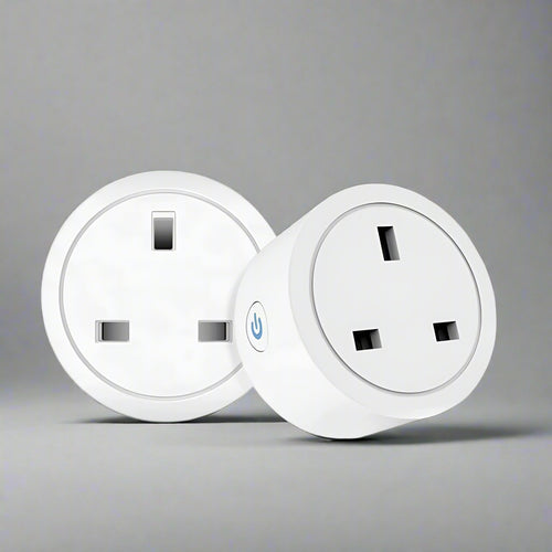 Two white smart plugs with Tuya, Wi-Fi, and power monitor features on a white background.