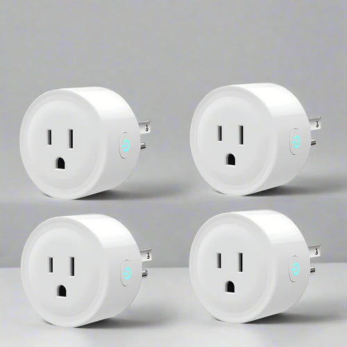 Four smart plugs with connectivity icons on a white background