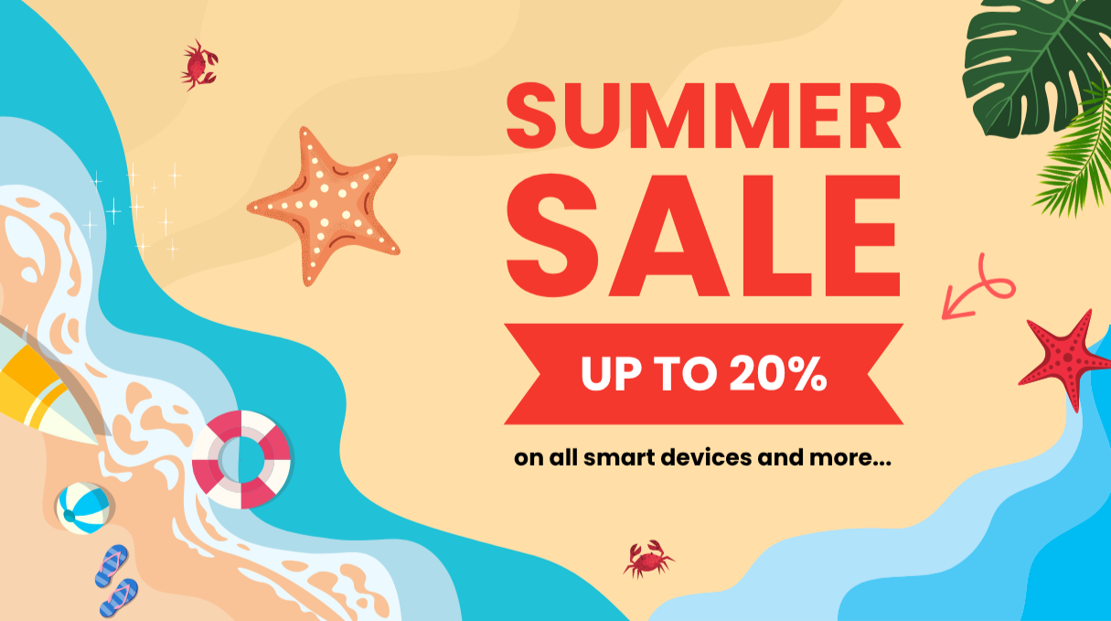 Summer sale advertisement with beach-themed graphics on a beige background