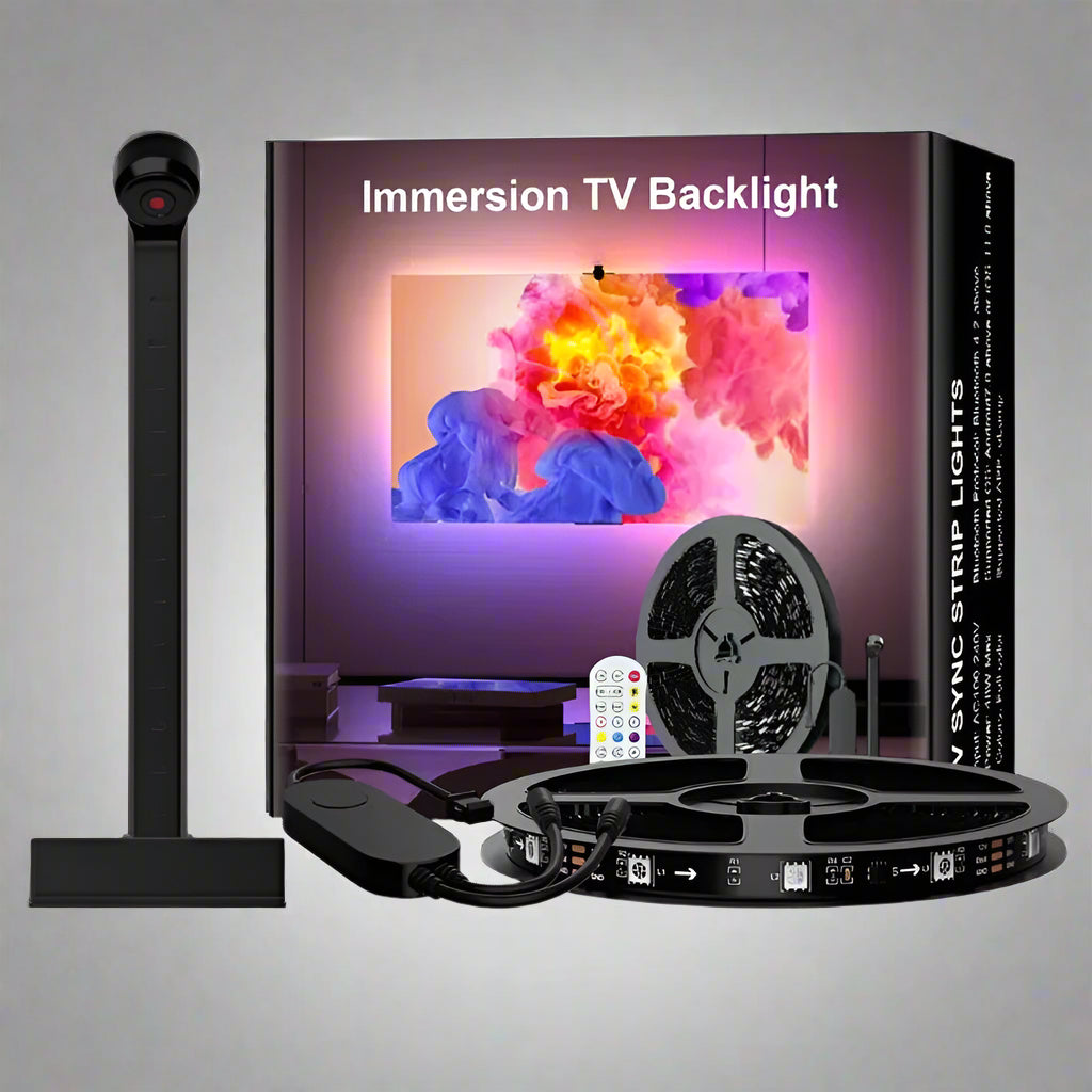 Immersion TV backlight kit with packaging, lamp, remote control, and LED strip on a white background.
