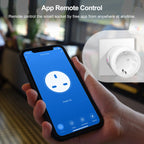 Smart socket controlled by an app on a smartphone with a blurred indoor background