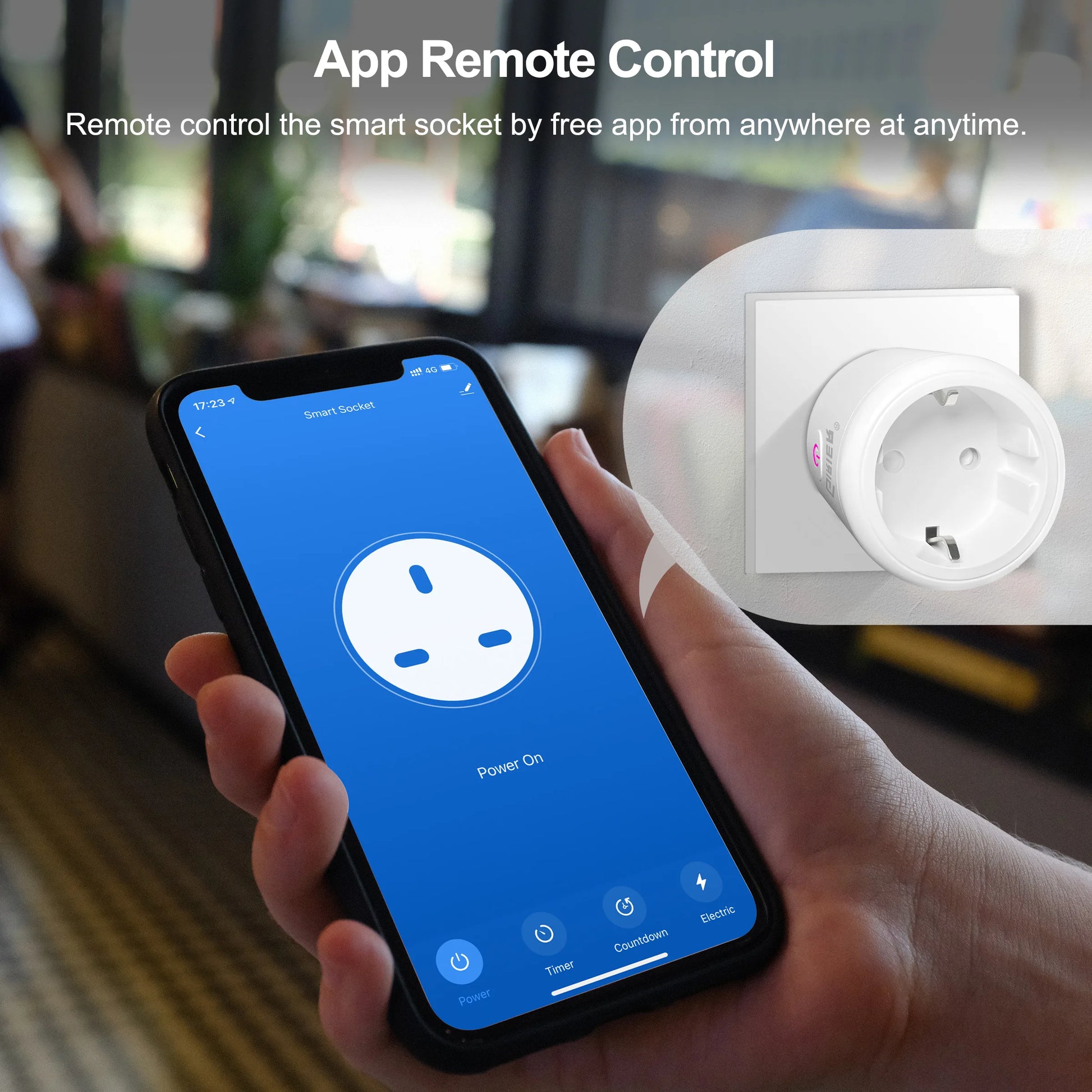 Smart socket controlled by an app on a smartphone with a blurred indoor background