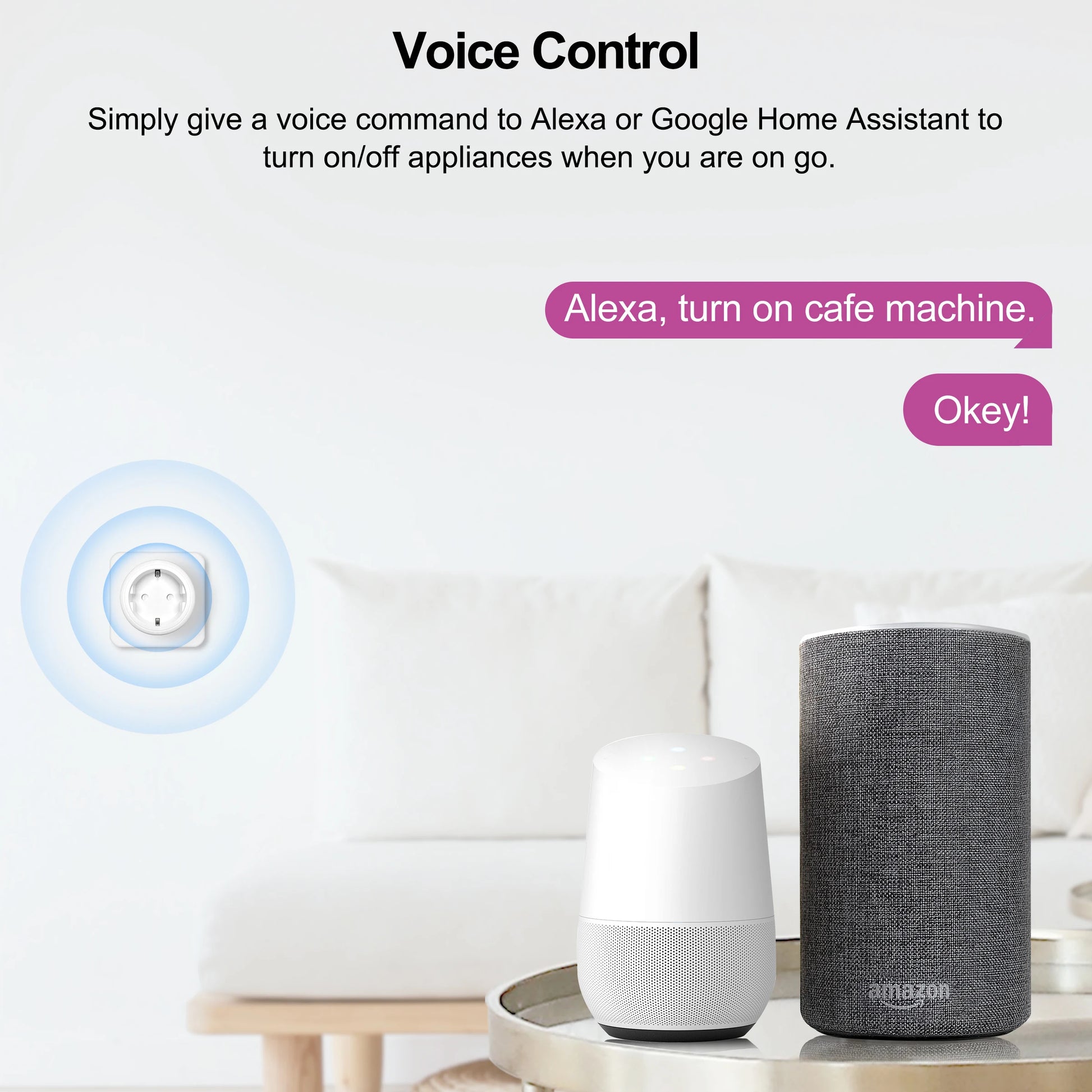 Two smart speakers, one white and one gray, on a table with text about voice control and Alexa command.