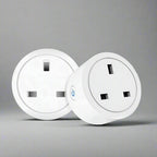 Two white smart plugs with Tuya, Wi-Fi, and power monitor features on a white background.