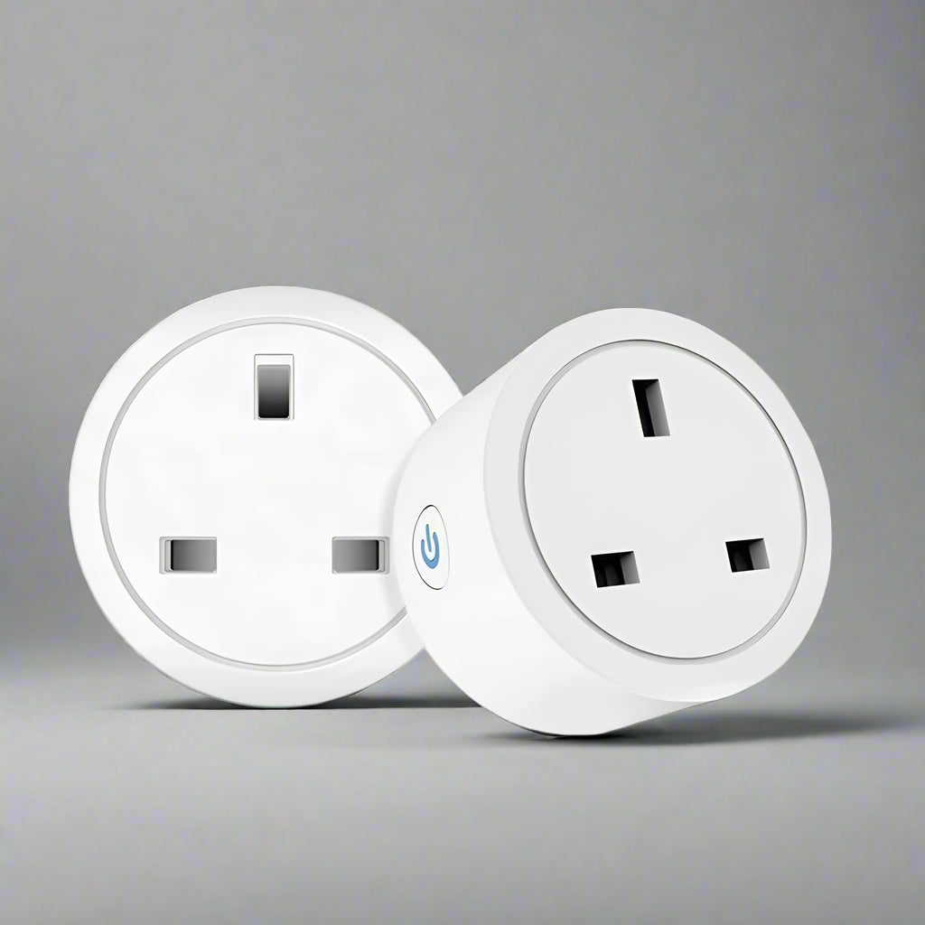 Two white smart plugs with Tuya, Wi-Fi, and power monitor features on a white background.