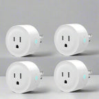 Four smart plugs with connectivity icons on a white background