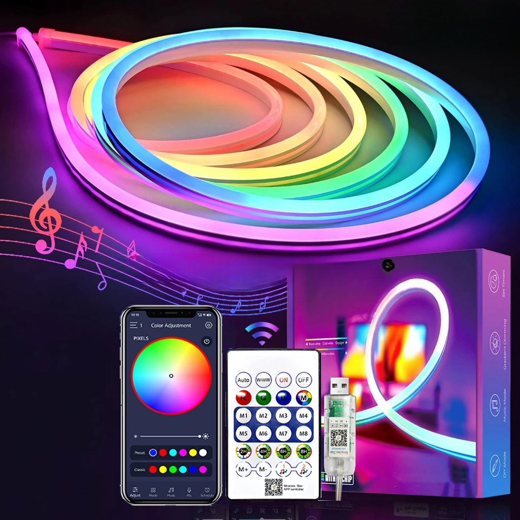 Colorful LED strip light with smartphone app and remote control on a dark background