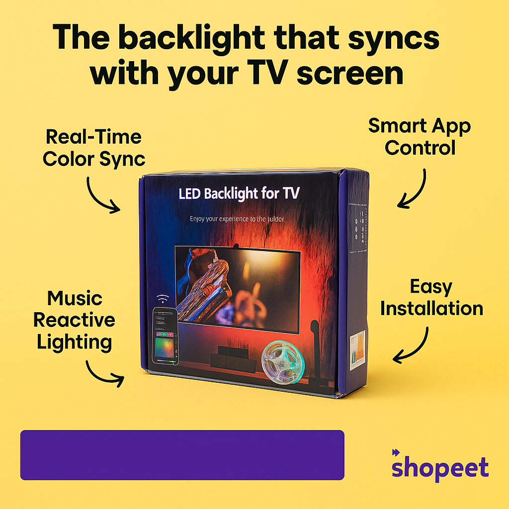 LED Backlight for TV packaging with features on a yellow background